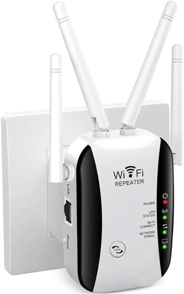 WiFi-booster, WiFi-extender, WiFi-signaalversterker met groot bereik, 4 antennes voor dekking van 465 m² & 50 apparaten, 2026 internet-repeater met Ethernet-poort, snelle installatie, EU-stekker, wit