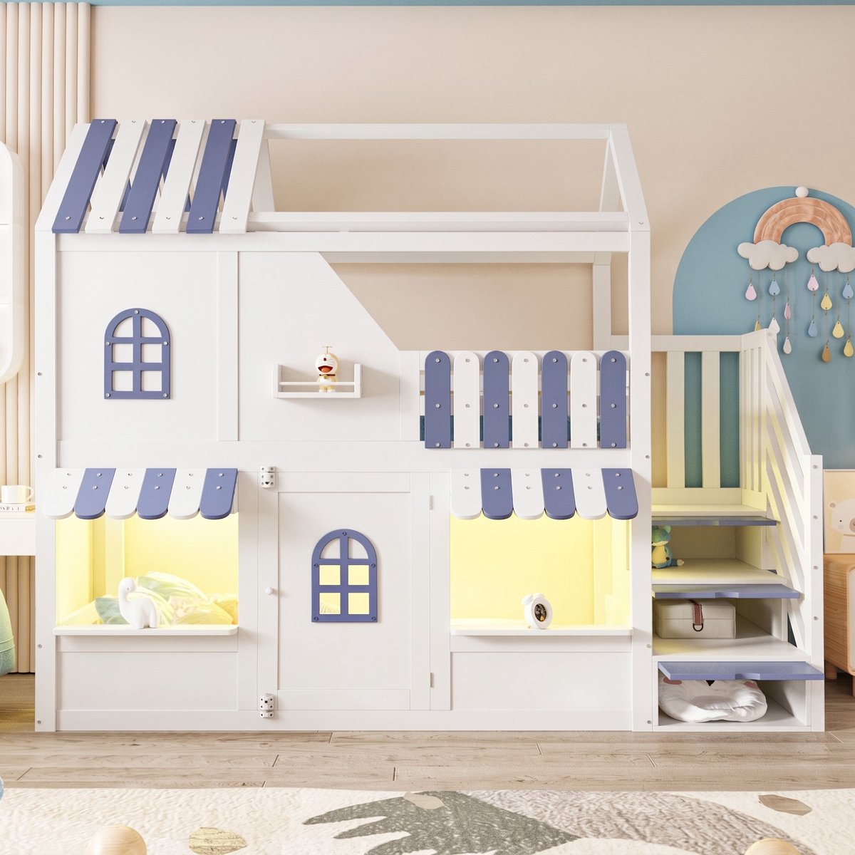 VVBV Stapelbed 90x200 – Kinderstapelbed met Opbergruimte, Opbergrekken, LED en Veiligheidshek – Wit – Voor Kinderen en Tieners – LED-Verlichting White+Blue