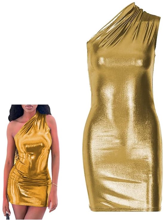 Dailygoods- Mini Jurk Sexy - Mouwloos - Cocktailjurk - PU Lederen - Bodycon - Grijs/Goud - Korte Jurk