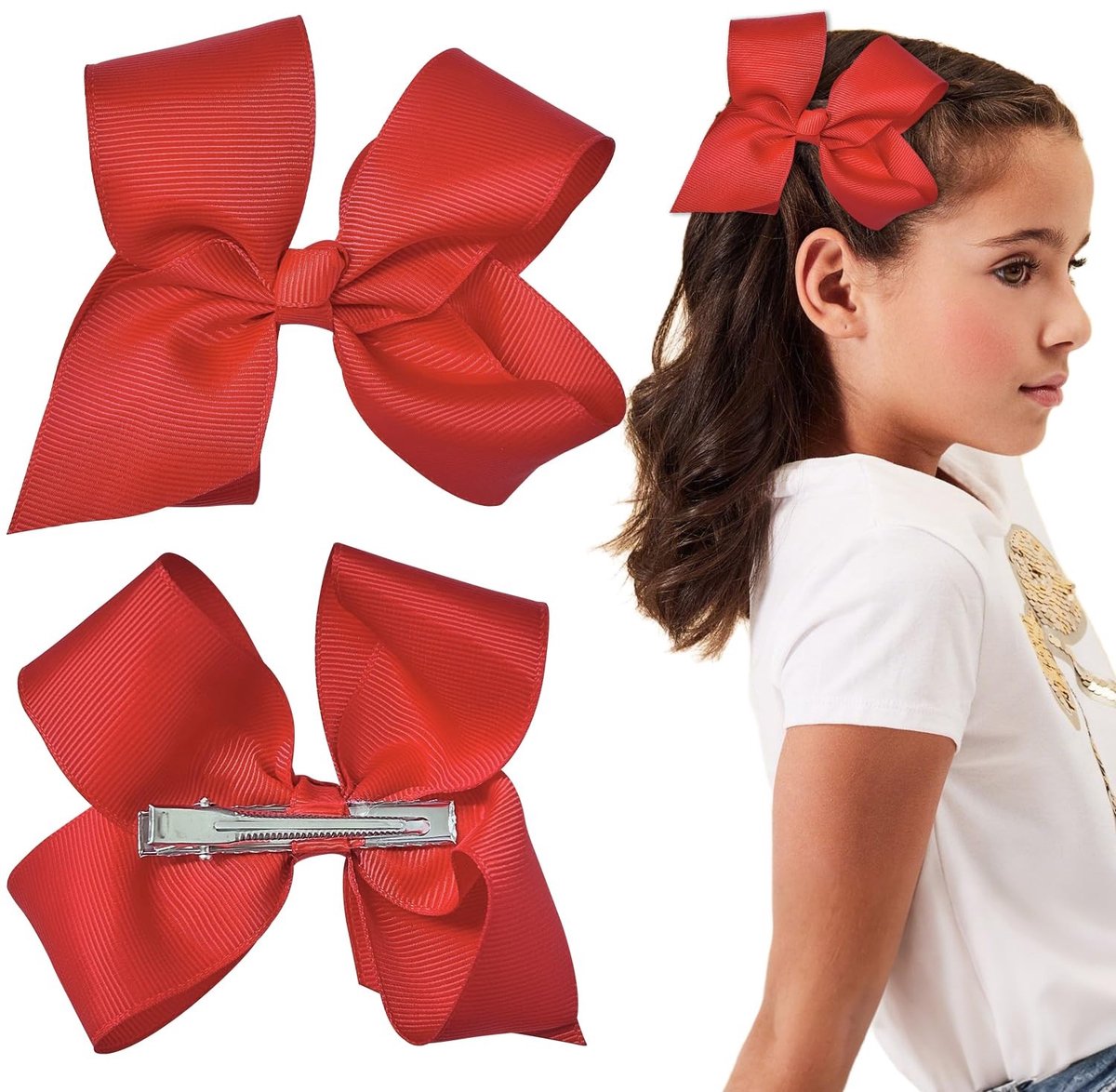 Dailygoods- Haarspeldjes met Grote Strik - Rode Haarspeldjes - Haaraccessoires Meisje - Haaraccessoires Vrouwen - Zacht Lint - Set van 2 - Haaraccessoire