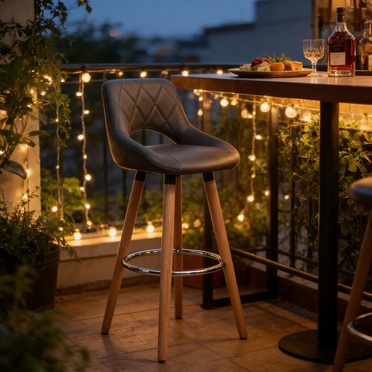 Wishdor Barkruk - Ergonomische Rugleuning - Massief Houten Poten - Moderne Stijl - Grijs Kunstleer - Voor Keuken En Bar