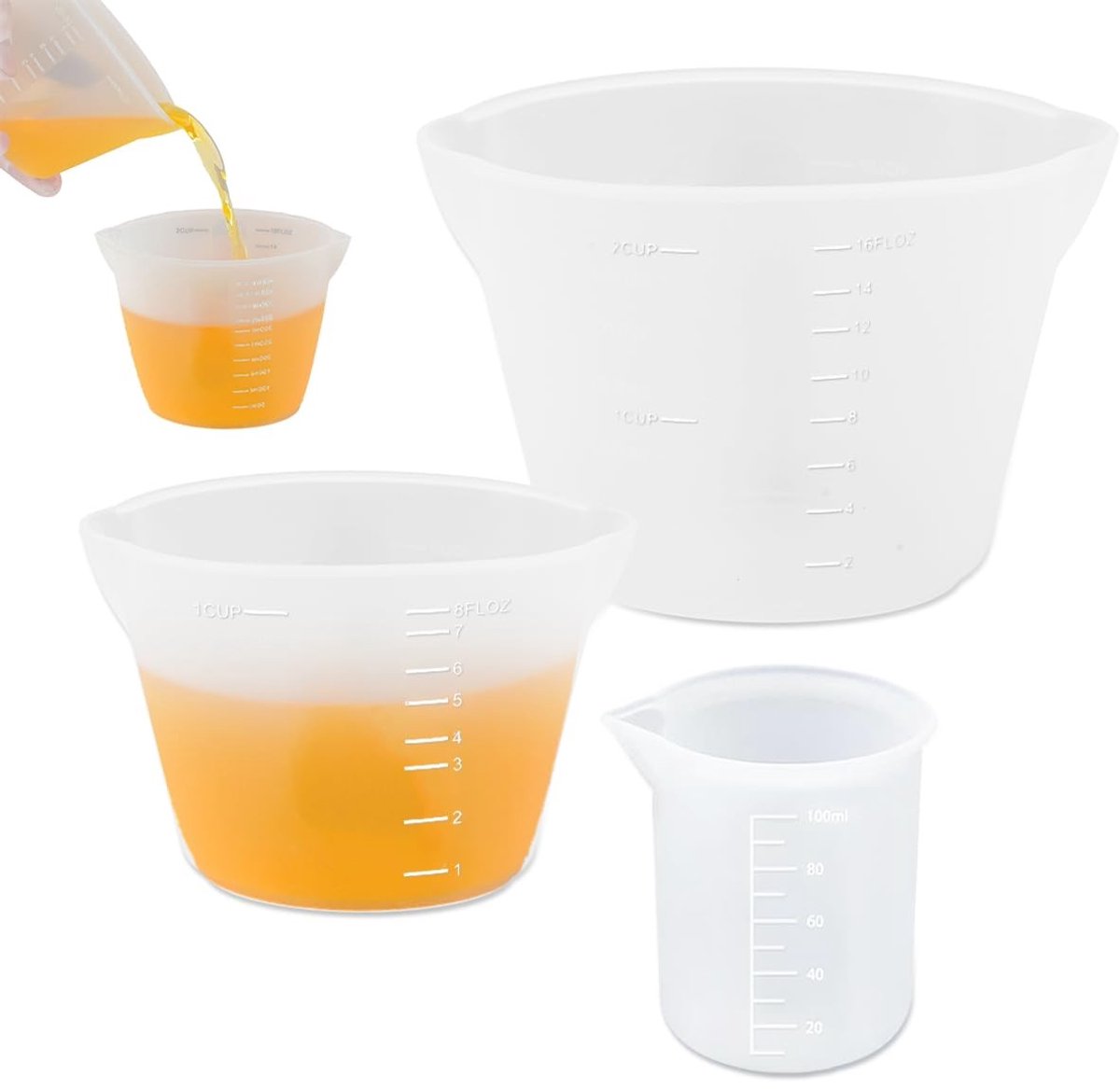 Dailygoods- Maatbekers Set van 3 - Siliconen 100ml/250ml/500ml - Herbruikbaar - Dubbele Schaalverdeling - Antiaanbaklaag - Ideaal voor Harskunst - Meetbekers