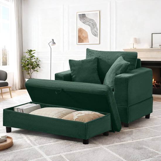 MODENUIT Chaise Longue - Met Voetsteun & Opbergruimte - Voor Woonkamer En Slaapkamer - Hout En Metaal - Smaragdgroen