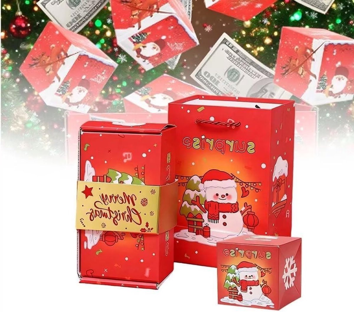 Opvouwbare verrassing pop-up spaarpot, explosie geschenkdoos voor Kerst en verjaardagen, 12 stuks in rood.