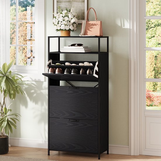 Xbro Schoenenkast met 3 Klapdeuren – Dubbele Diepte – Modern Schoenenrek met Bovenplank – Voor Hal & Slaapkamer – 60 x 30 x 130 cm – Zwart