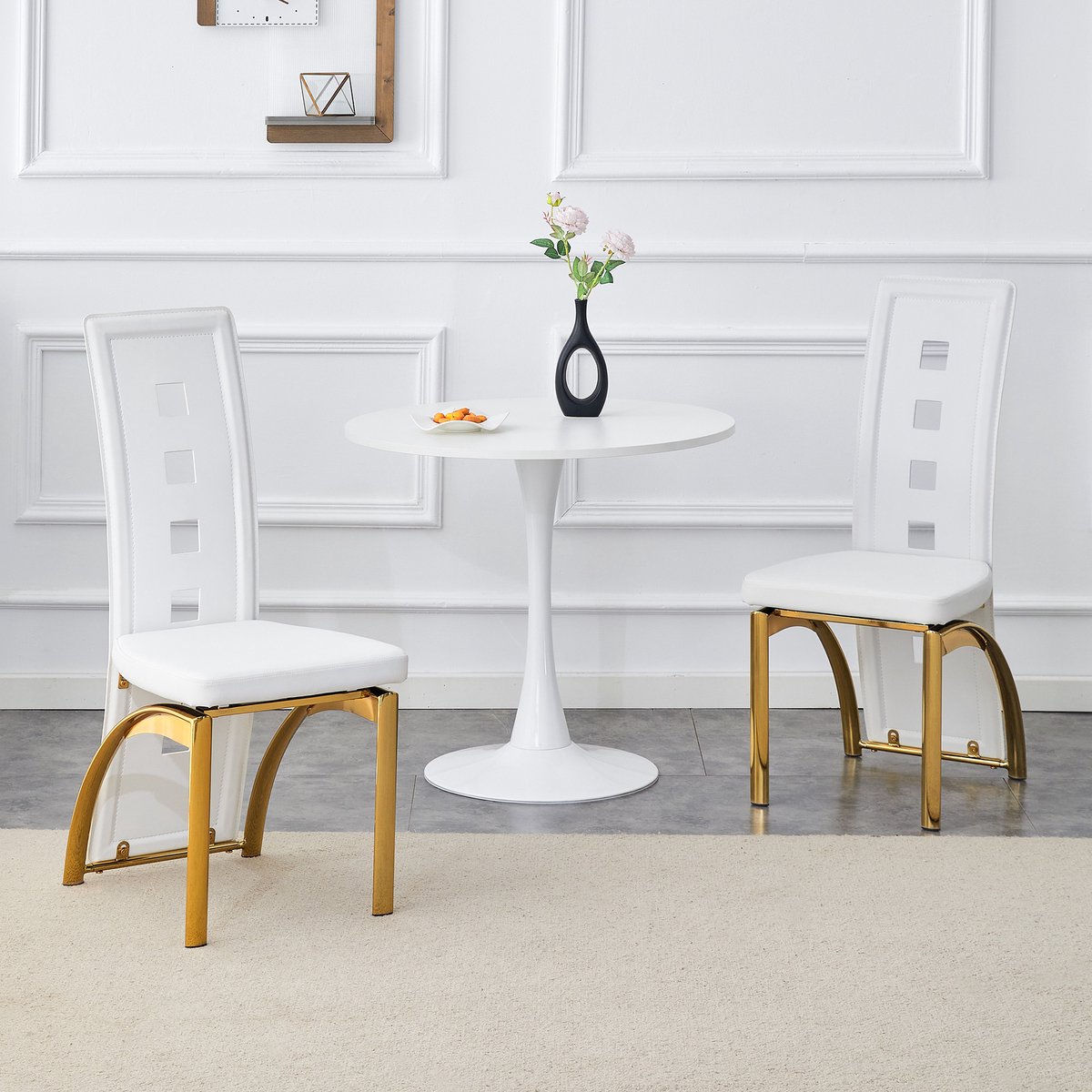 MODFU Eetkamerstoelen Set Van 2 - Geperforeerde Rugleuning - Modern - Voor Eetkamer Of Woonkamer - Metaal En PU-Leer - Wit En Goud Wit+Goud