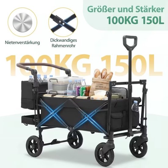 Opvouwbare Handkar met Dak 100kg 150L - Wielen met Rem, Verstelbaar Handvat - Voor Familiecamping, Winkelen en Tuinieren-zwart en grijs. — afbeelding 2