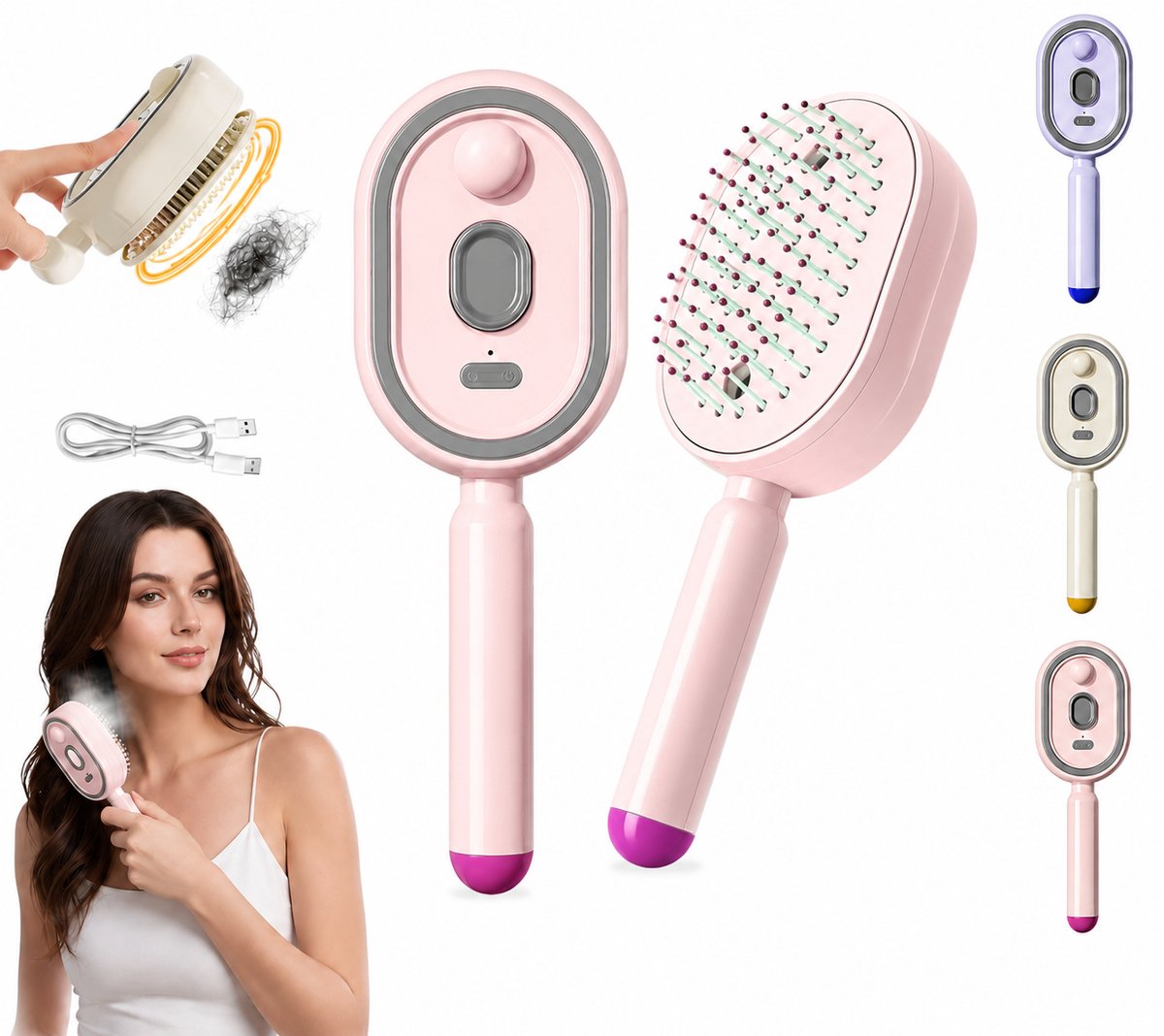 Elektrische Stoomborstel / Massageborstel - Multifunctionele Stoom Haarborstel met Spray Functie - Stoom Stijltang - Anti Klit & Antistatisch - Draadloos & Oplaadbaar - Cadeau voor Vrouwen & Meisjes - Voor Krullend en Pluizig Haar - Roze - SOLLBRY®