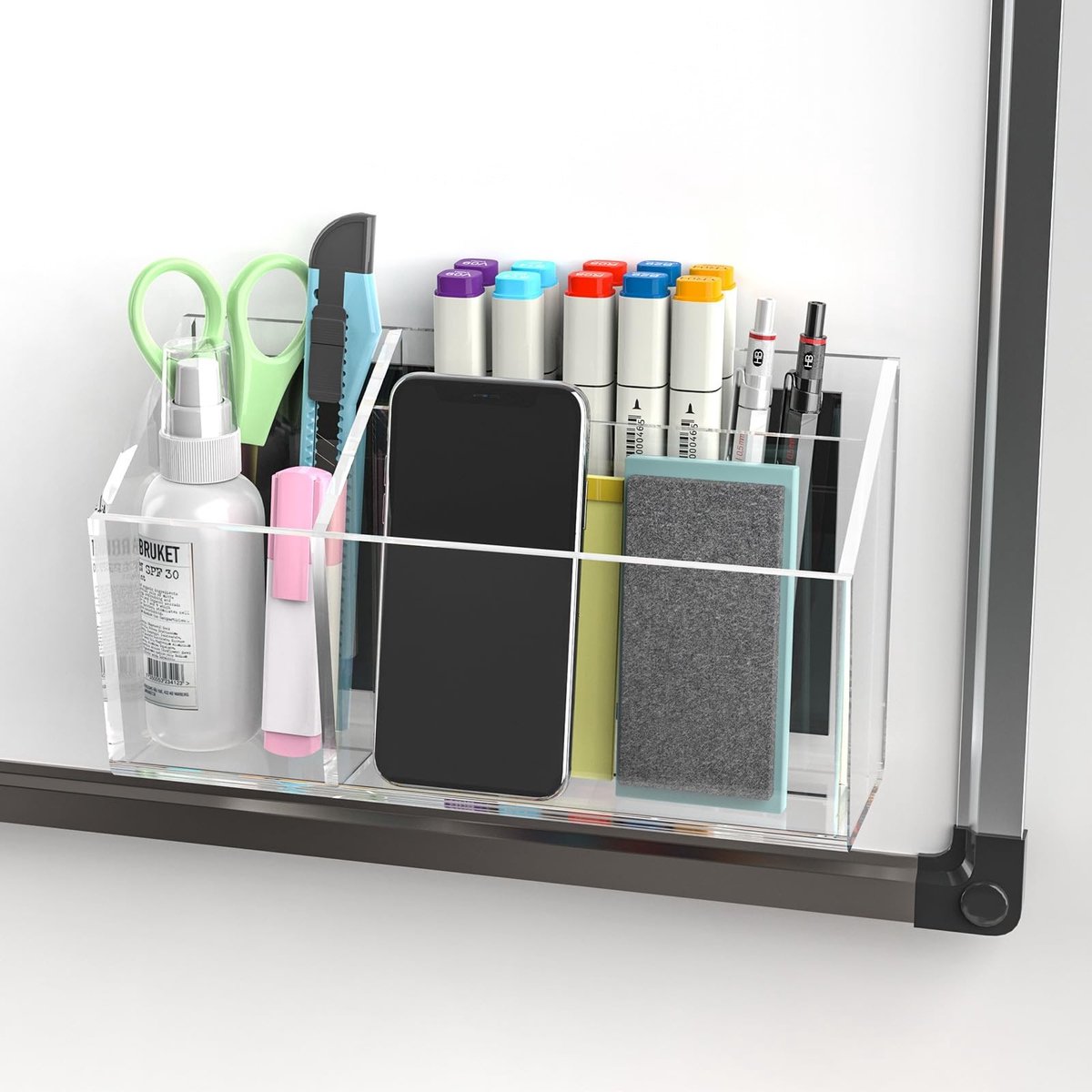 JHUBERS- Wismarkeerhouder Transparant - Magnetische Pennenhouder - Zelfklevende Organizer - Bureau Accessoires - Duurzaam Acryl - 3-Raster Design