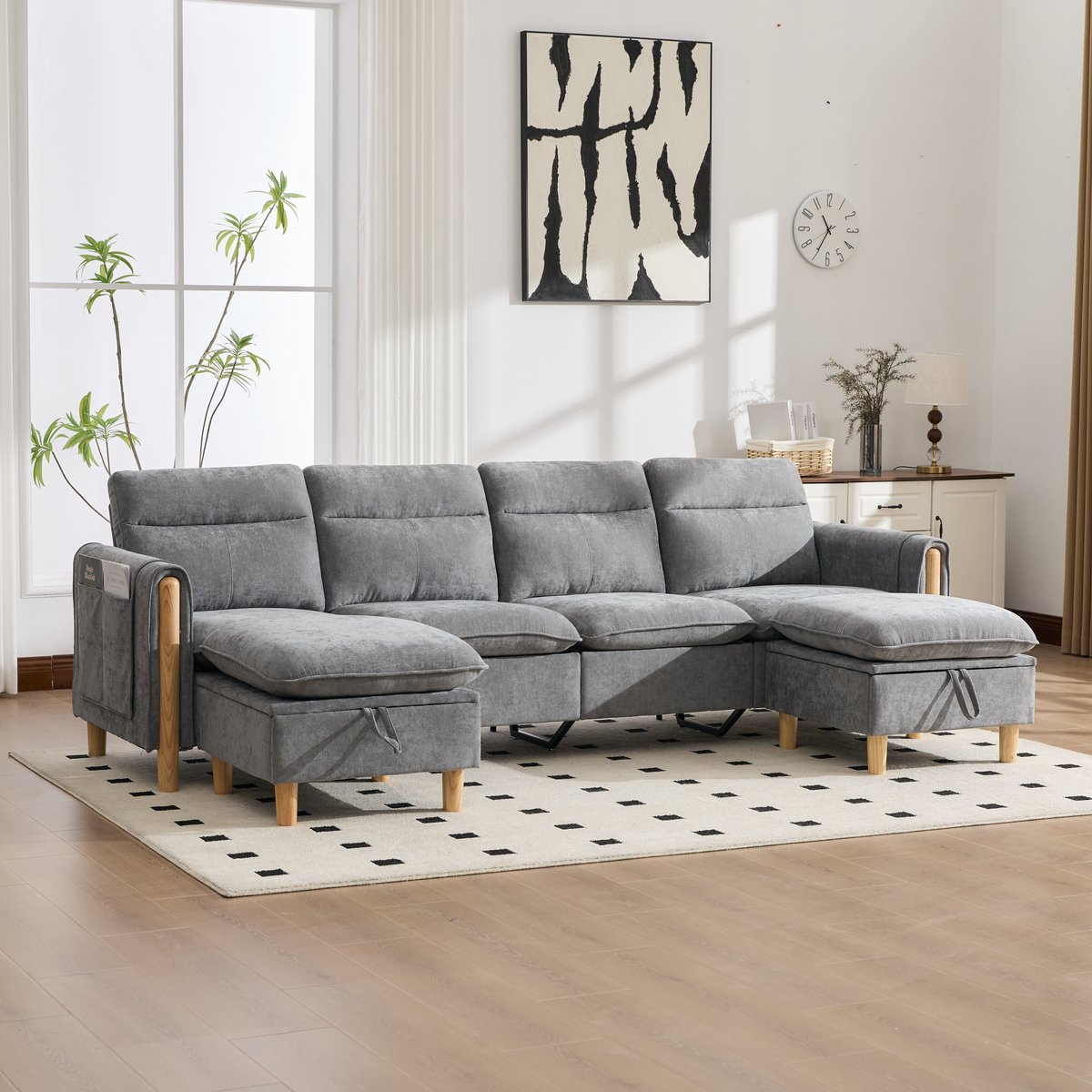OKWISH U-Bank 261 Cm - Modulair Met 2 Hockers En Opbergruimte - Voor Woonkamer En Familiekamer - Chenille - Lichtgrijs