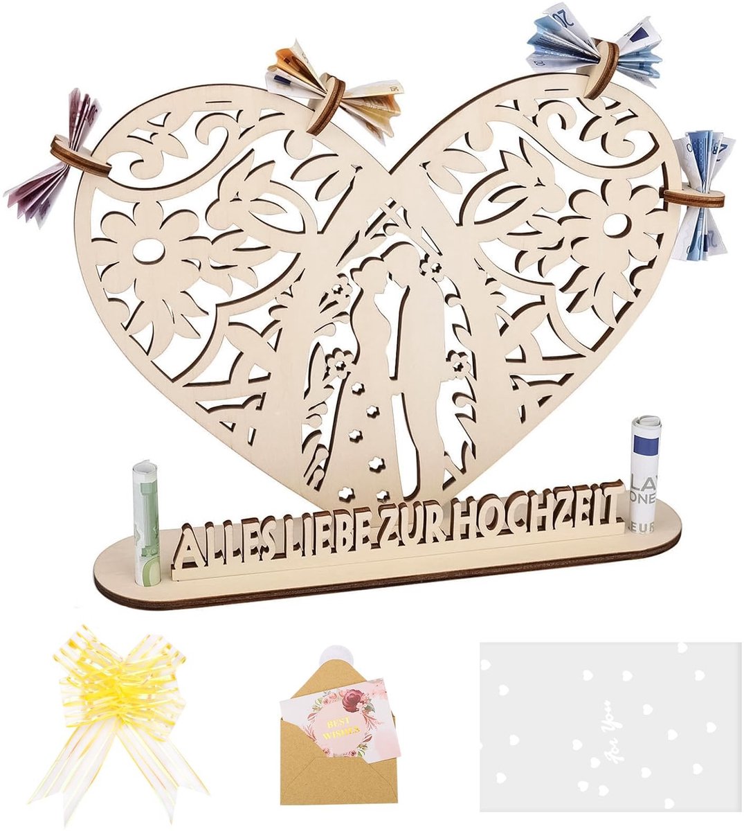 Dailygoods- Geldcadeau Hout - Huwelijkscadeau - Bruiloft Cadeautje - Jubileum Geschenk - Origineel Hart - Inclusief Wenskaart en Lint