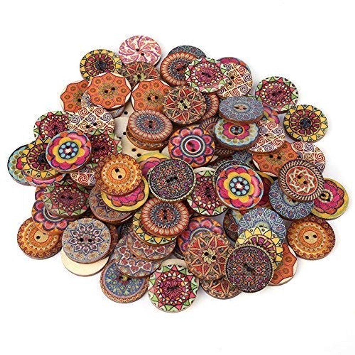 Dailygoods- Houten Knoppen 100 Stuks - 25mm Ronde Knoppen - Vintage Patroon - Mandala Stijl - Handgemaakt - 2 Gaten - Naai Knopen