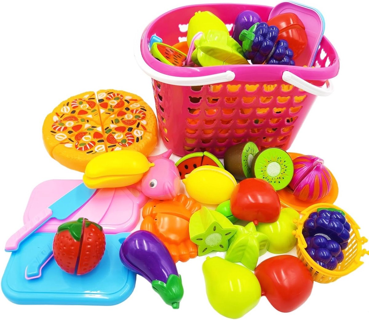 Speelgoedset met 27 Stukjes Fruit en Groenten voor Rollenspel, Keukenaccessoires en Educatieve Activiteiten in een Roze Opbergmand