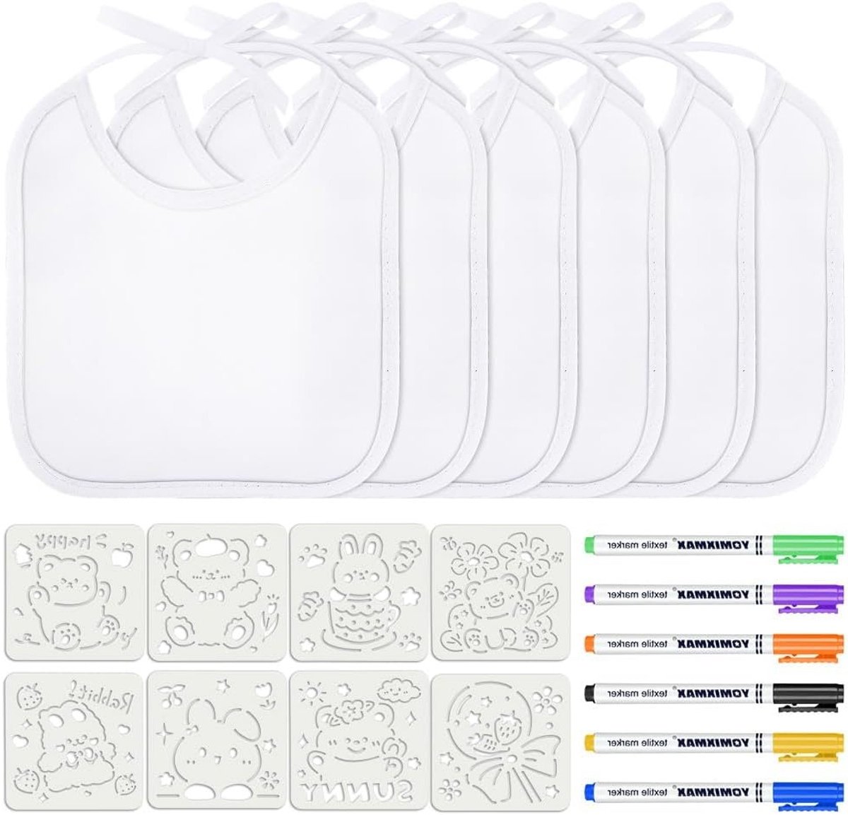 SnelShoppen - Aolso Slabbetjes om te Schilderen - 14-delige Set, Waterdicht, Wit met 14 Pennen en 8 Sjablonen, Kwijl-Slabbetje (20 x 24 cm) voor Kinde