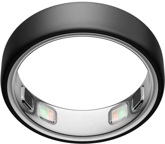 Bague connectée Oura 5 noire, intérieur argenté avec des lumières LED discrètes.