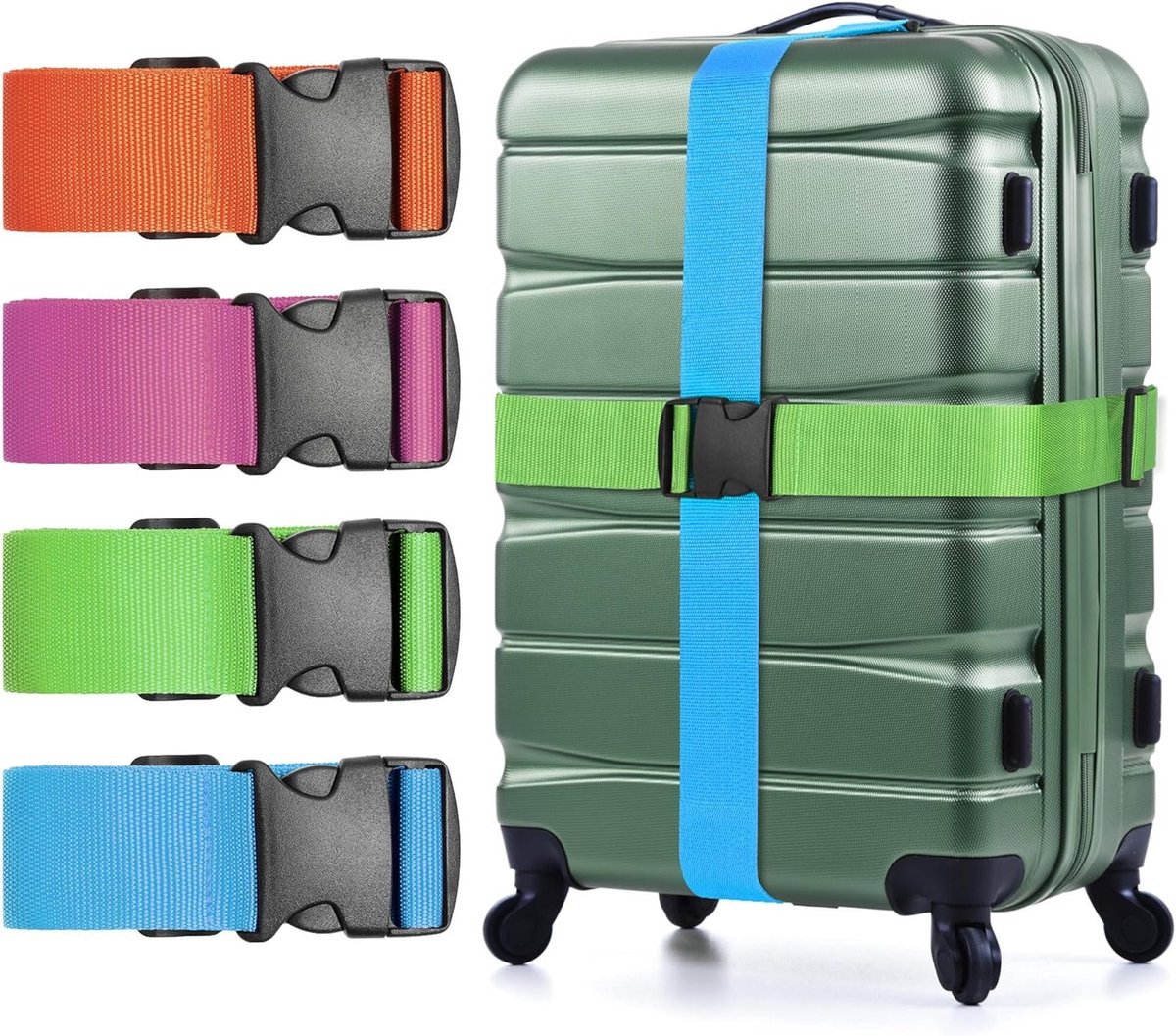 Verstelbare Bagagestraps 76" - 4 Stuks in Lichtblauw, Oranje, Fluorescent Groen en Roze voor Veilig Reizen en Bagagebeveiliging