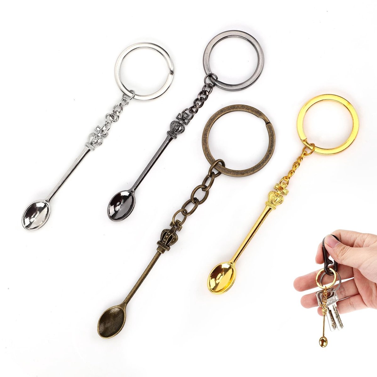 Dailygoods- Mini Kroonlepel Sleutelhanger 4 Stuks - Kroon Sleutelhanger - Hanger Ketting - Zinklegering - 9,6/11,3 cm - Voor Vullen van Zand/Zouten
