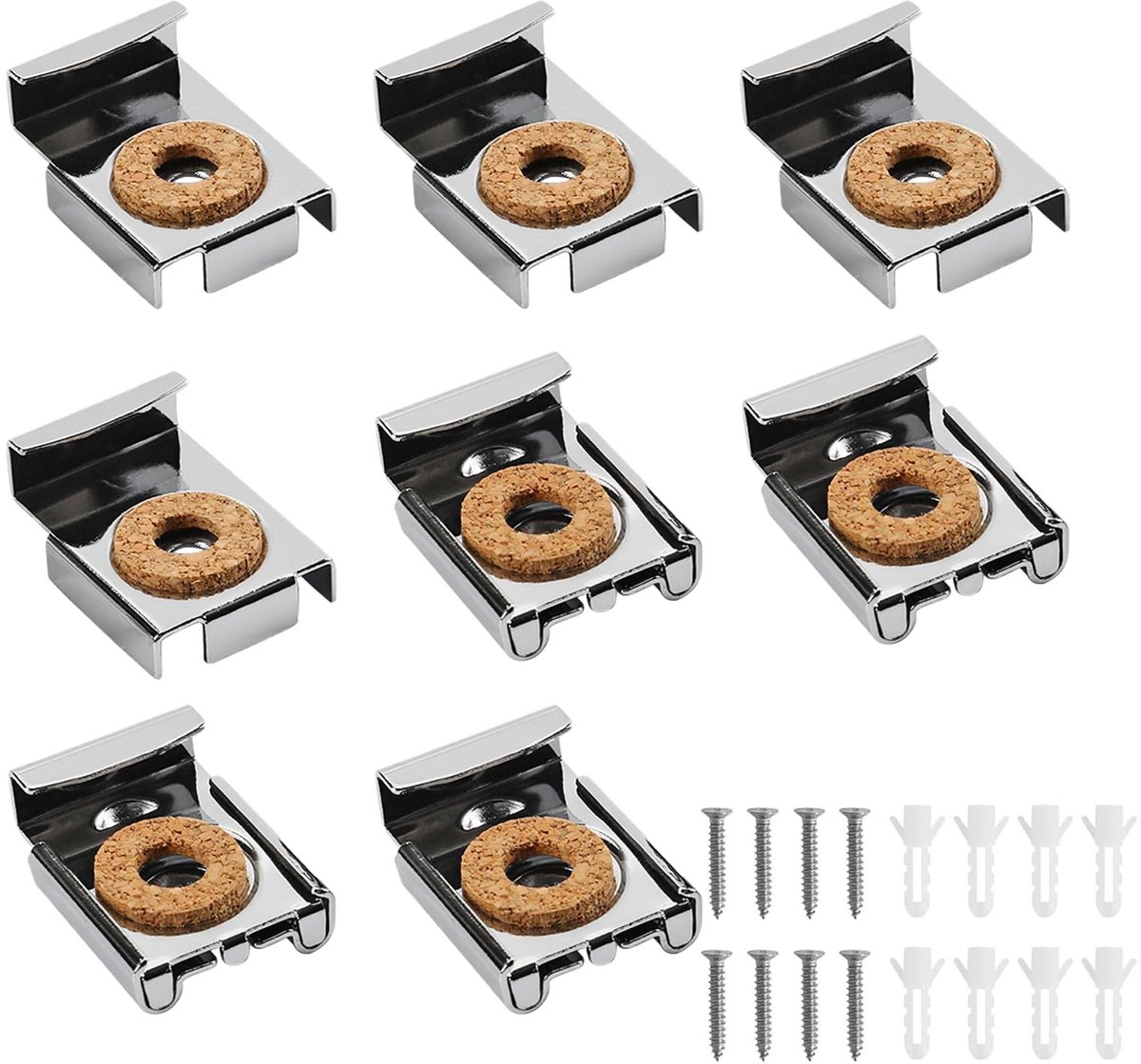 Dailygoods- Spiegelbevestigingen - 8 Stuks - Veerbelaste Spiegelophangset - Robuuste Spiegelbeugels - Spiegelclips met Schroeven/Pluggen - Voor Frameloze Wandspiegels