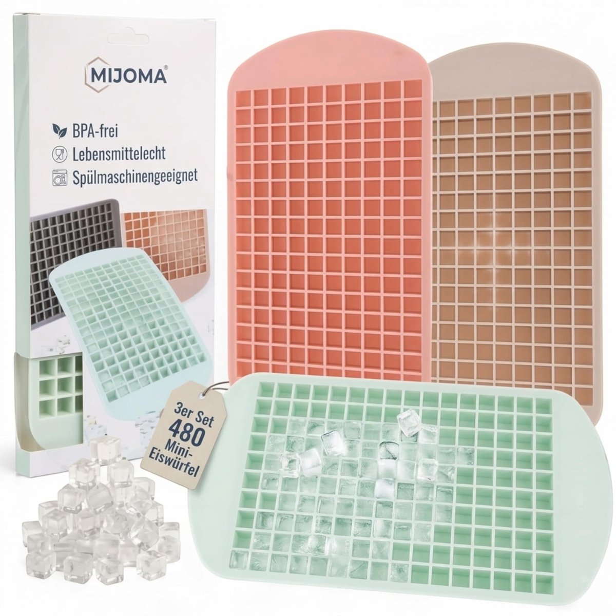 Dailygoods- IJsblokjesvorm Set 3-delig - 480 Mini-IJsblokjes - Flexibel TPE - BPA-vrij - Vaatwasmachinebestendig - 1x1x1 cm - Ijsblokjesmaker