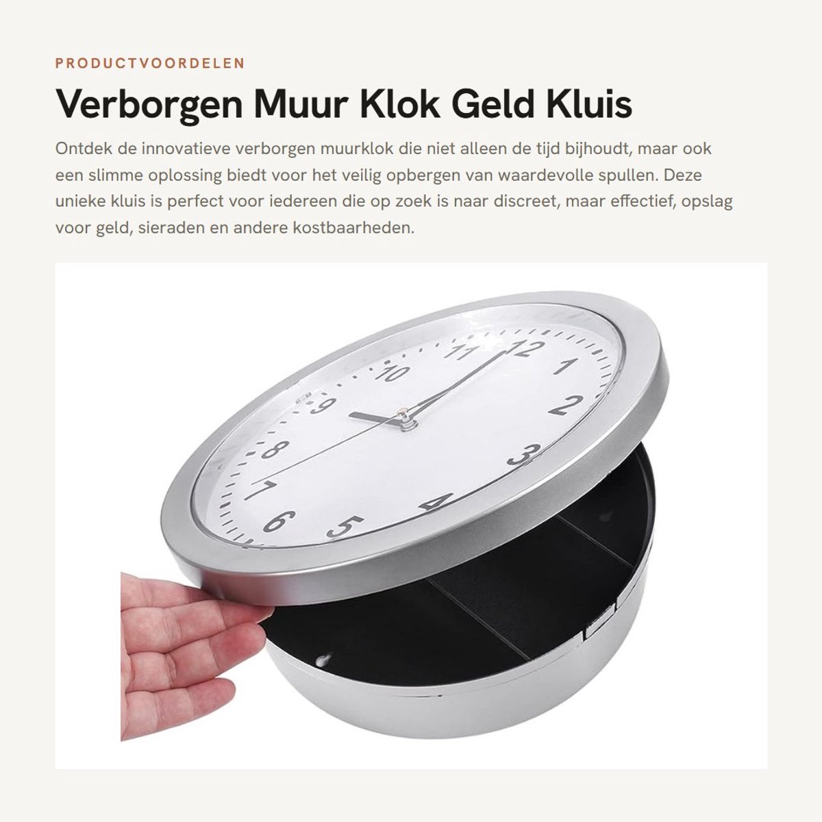 Dailygoods - Verborgen Muur Klok - Geld Kluis - Modern Design - Zilver - Veiligheidsoplossing - Verberg Waardevolle Spullen - Voor Thuis of Kantoor