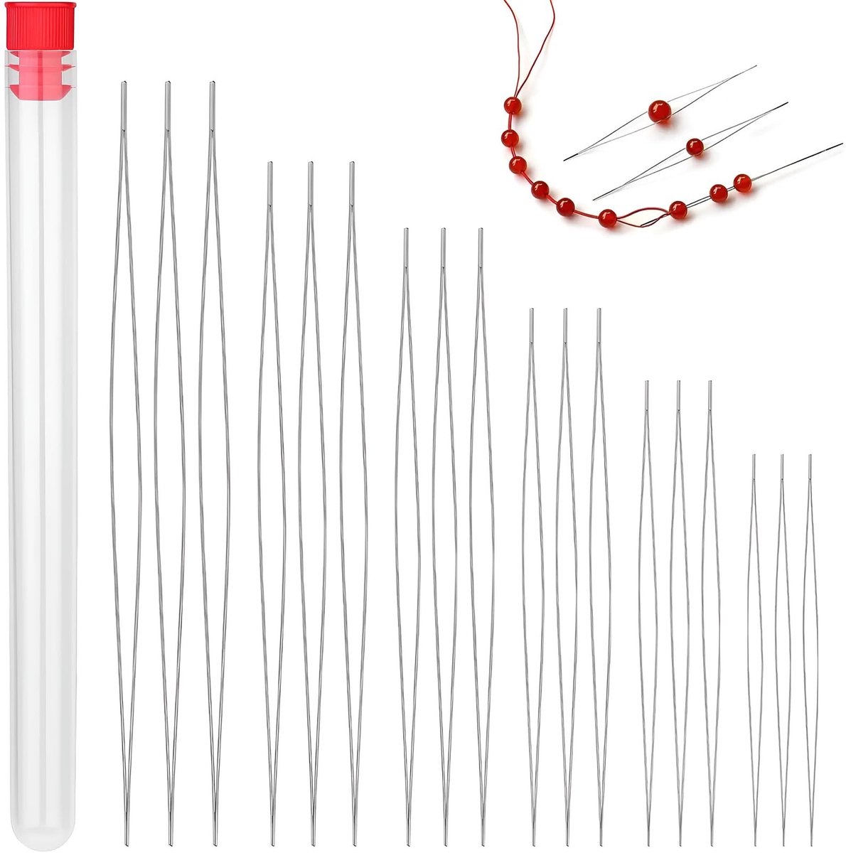 Dailygoods- Parelnaalden 18 Stuks - Grote Ogen - Roestvrij Stalen Naainaalden - Voor Sieraden Maken - Inclusief Naaldfles - 6 Maten - Kralennaalden