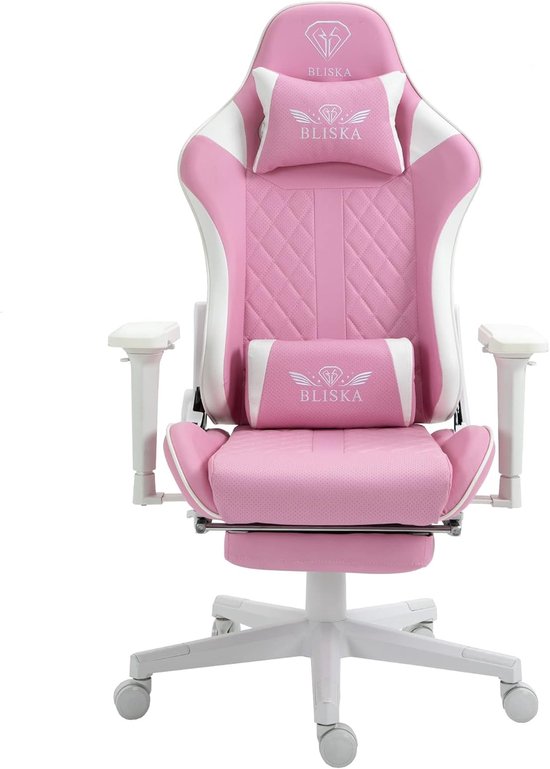 Gaming Stoel - Gamer Stoel - Comfortabel Zitten - Verstelbare Rugleuning - 70 x 55 x 140 cm - Roze Wit — afbeelding 4
