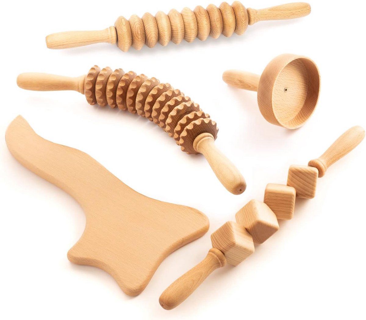 Houten Massageset - Maderotherapie Hout - Lymfedrainage Stimuleren - Natuurlijk Gedroogd Olie - 3 Delig - Houtkleur