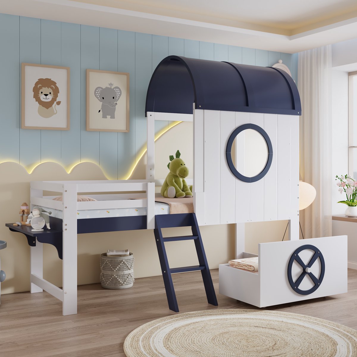 DESMIU Halfhoog Kinderbed 90x200 cm – Met Dak En Ramen – Schuine Ladder En Lade Op Wielen – Voor Kinderkamer – Hout En MDF – Wit Donkerblauw – Zonder Matras
