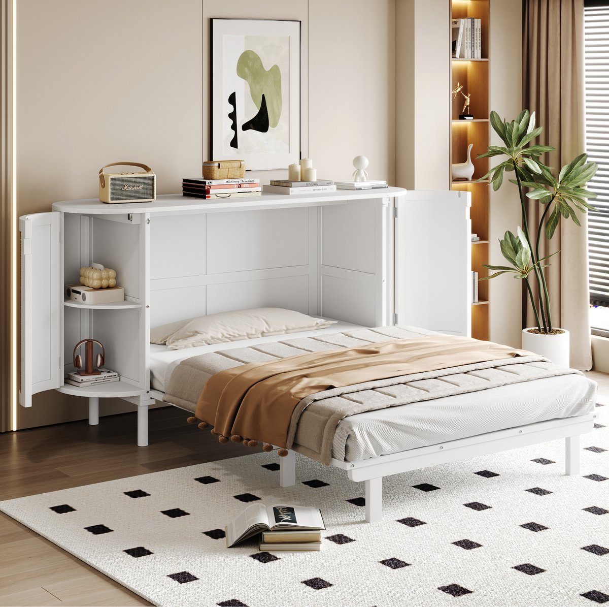 DESMIU Opklapbed 140x200 cm – Wandbed Met Rotanlook – Verticale Kastfunctie – Opbergvakken – Voor Tienerkamer – Hout – Wit – Zonder Matras