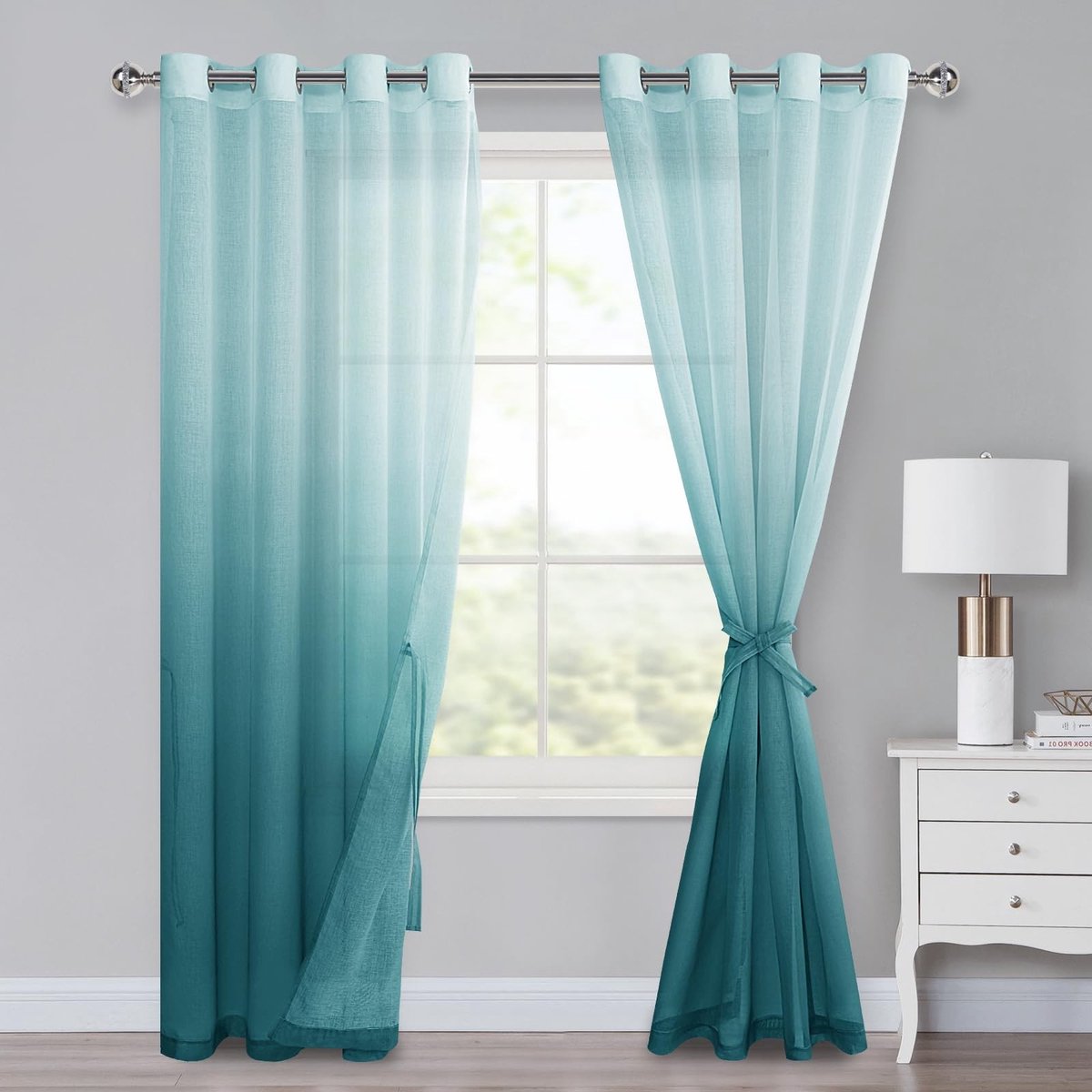 Dailygoods- Voile Gordijnen 225 x 140 cm - Verduisterend - Set van 2 - Ingestanste Ringen - Vitrage - Turquoise Kleurverloop
