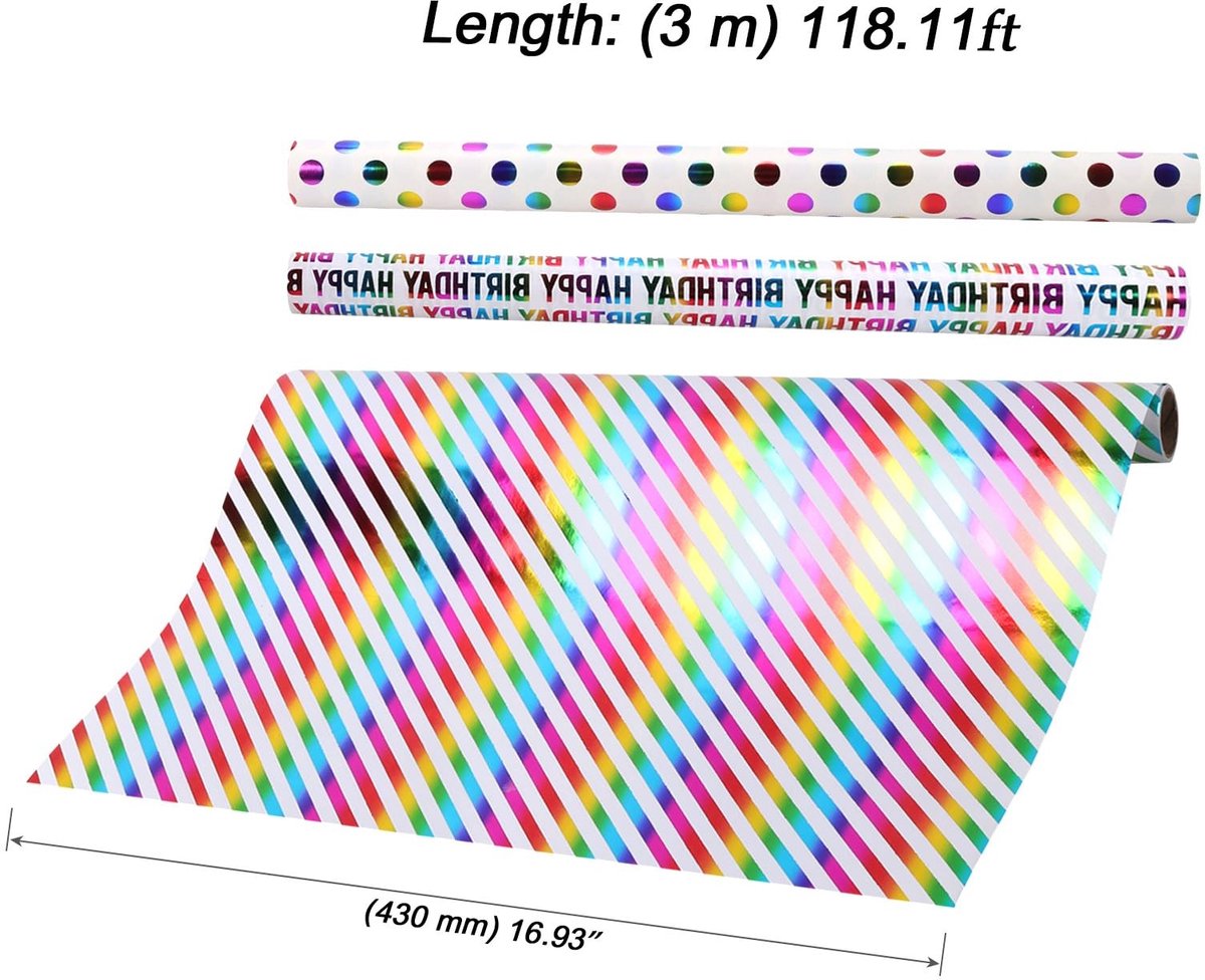 Dailygoods- Cadeaupapier set van 6 - Regenboog inpakpapier - 43 cm breed - 3 m lang - Kleurrijke sterren/stippen - Perfect voor verjaardagen