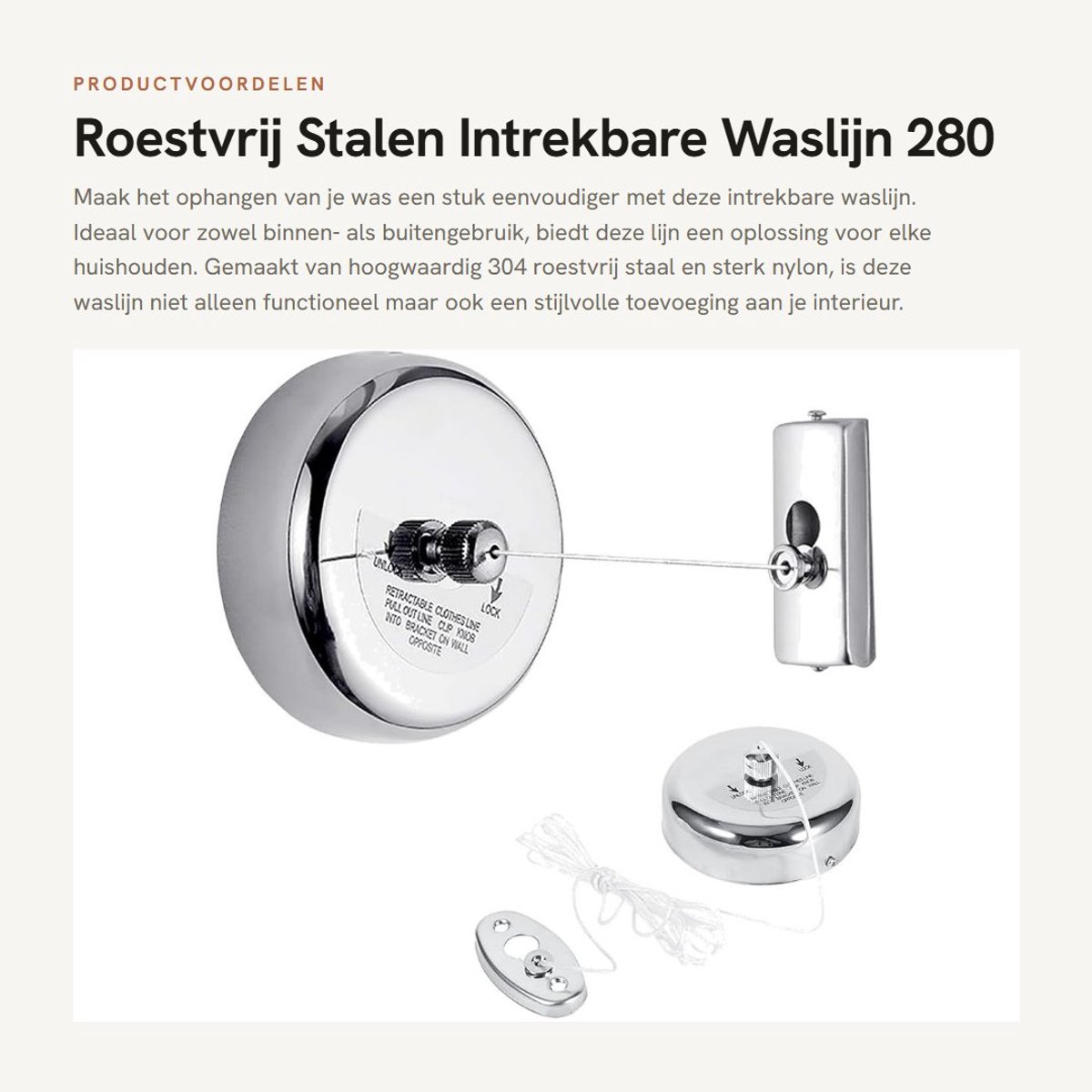 Dailygoods- Waslijn Intrekbaar 2,8M - Roestvrij Staal - Nylon - Binnen/Buiten - Hoge Belastbaarheid 10 kg - Eenvoudig te Installeren - Kledinglijn