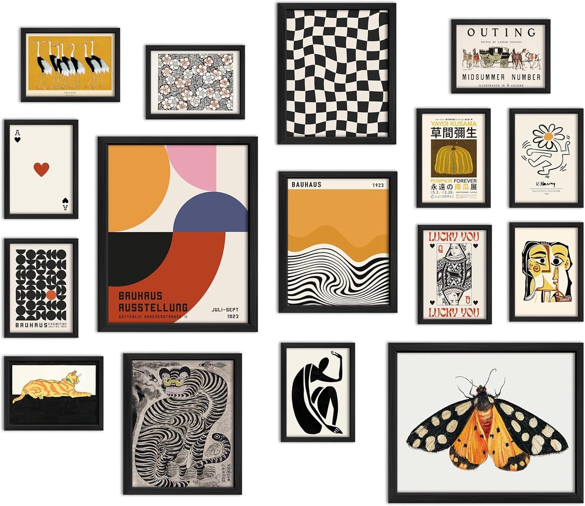 Wanddecoratie set - Muurschilderingen prints - Ruimte verfraaien - Eclectisch maximalistisch design - 16 stuks - Multicolor