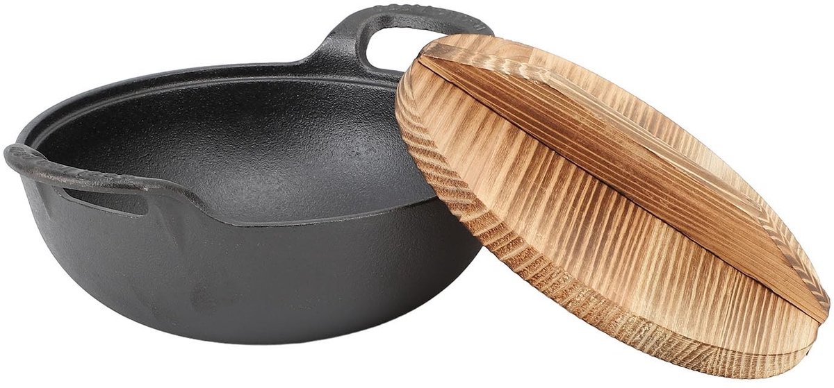 Dailygoods- Gietijzeren Wok 25 cm - Authentiek Aziatisch Eten - Inclusief Deksel - Veilig