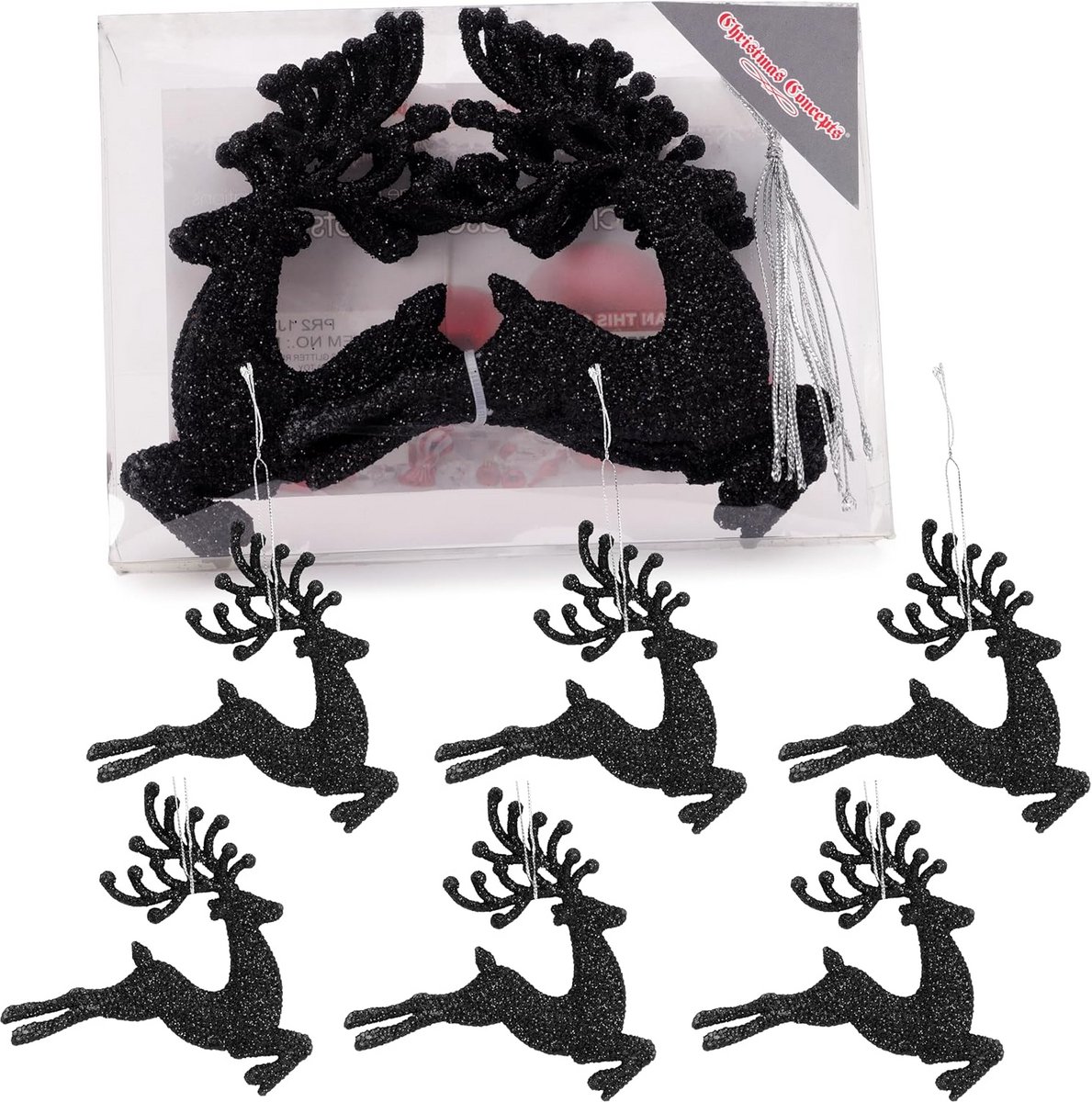 Rendier Kerstballen - Glinsterende Decoratie - Kerstboom Versieren - Set van 6 stuks - 100 mm - Zwart