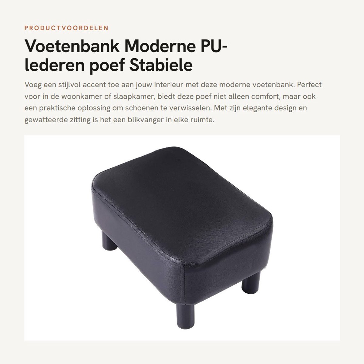 Dailygoods- Voetenbank 42 cm - Rechthoekige Poef - PU-lederen Voetsteun - Antislip - Gewatteerde Zitting - Duurzaam & Stabiel
