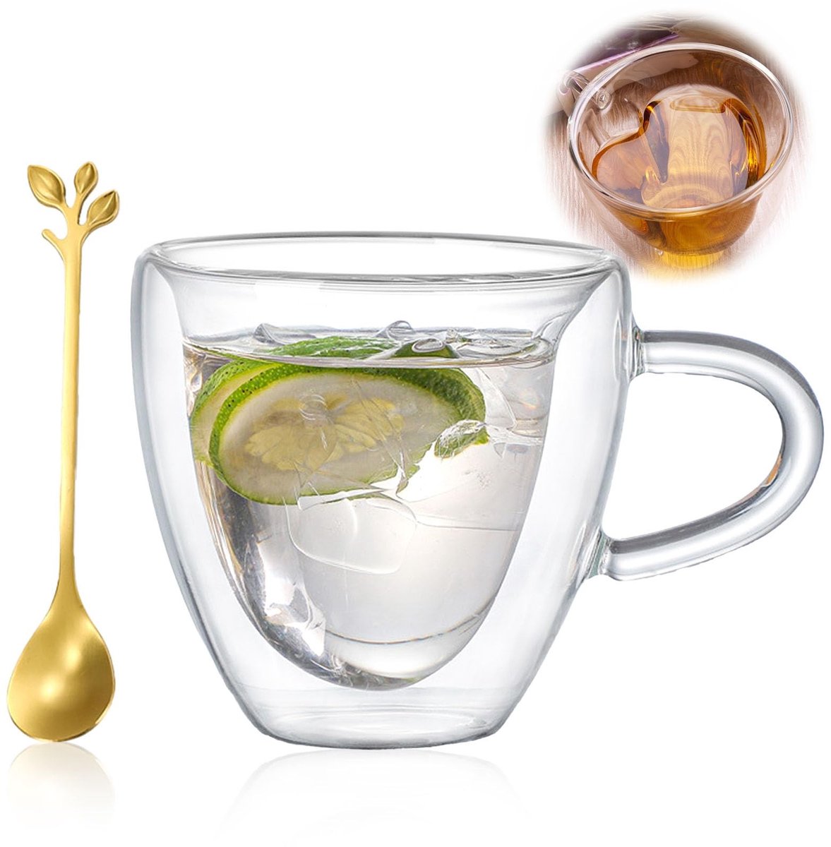 Dailygoods- Espressokopjes Dubbelwandig 180 ml - Glazen Set - Koffieglazen - Theeglazen met Handvat - Hartvormige Kopjes - Cadeau voor Vrouwen
