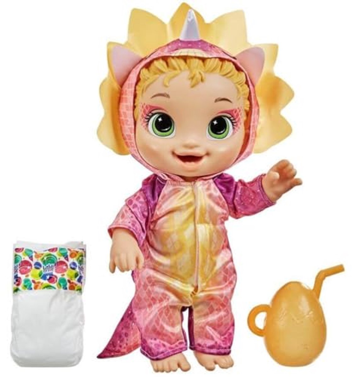 Dino Cuties pop - Babypop dinosaurus - Spelen en verzorgen - Draagt pyjama - 35.6 cm - Meerkleurig