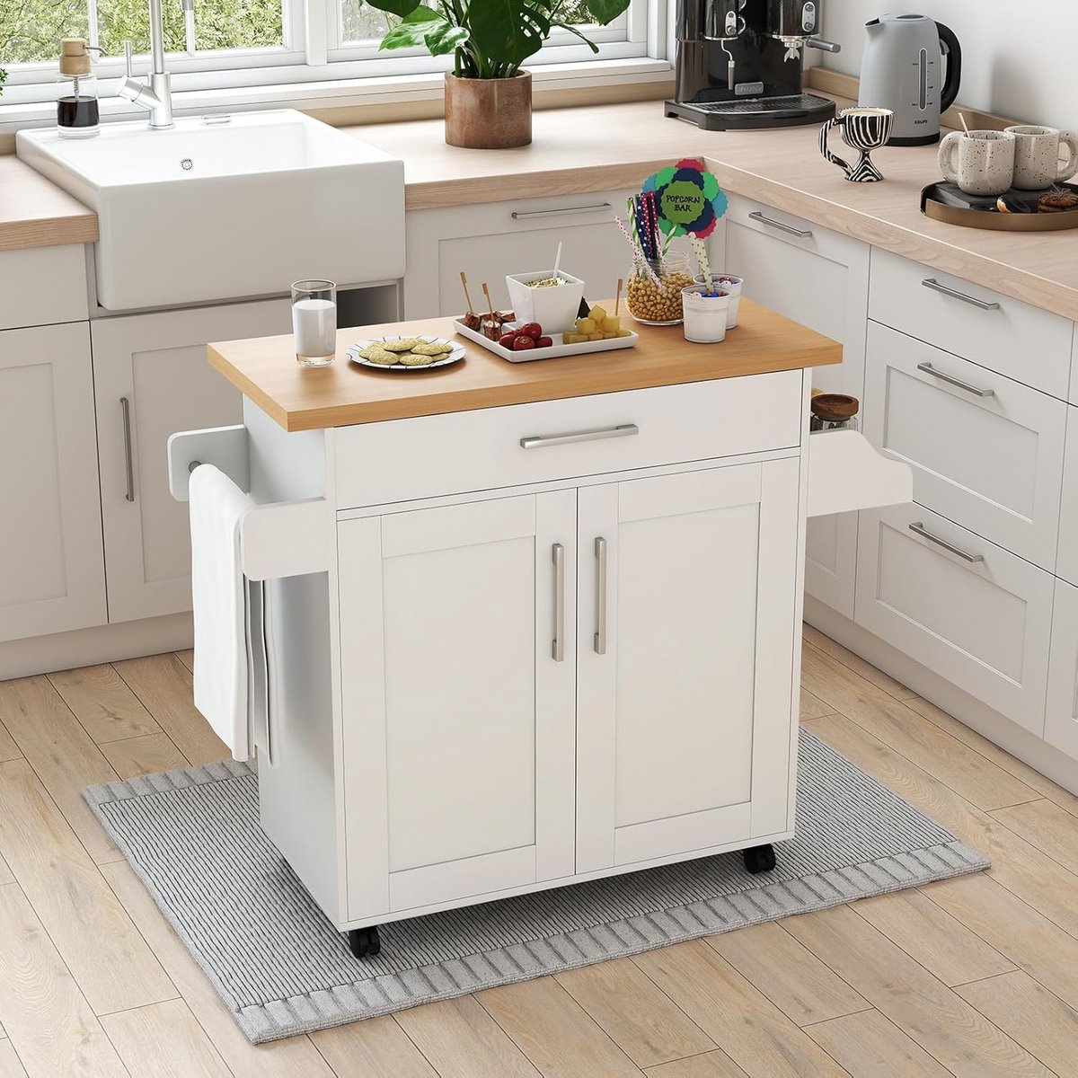 Mobiel Keukeneiland & Keukentrolley – Serveerkast met Lade, Wieltjes en Werkblad – Multifunctioneel Keukenkastje met Opbergruimte, Handdoekhouder en Kruidenrek – MDF Hout, Wit, 111 x 40 x 90 cm Depauwwonen