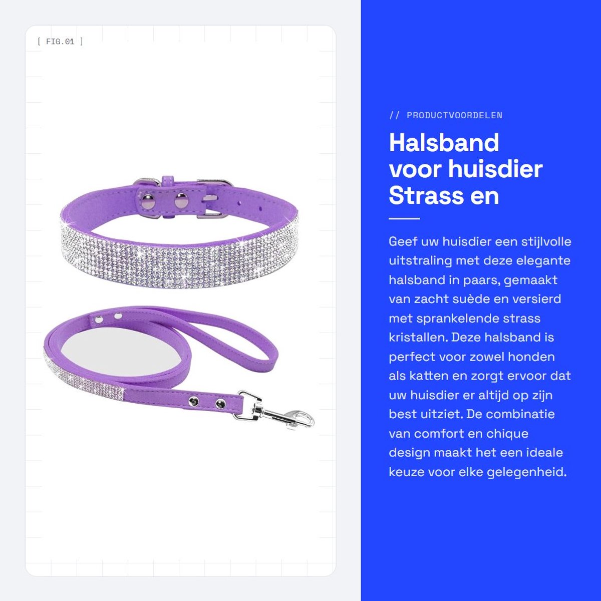 Dailygoods- Halsband Zacht Suède - Hondenriem - Strass Kristal - Elegant - Comfortabel - Geschikt voor Puppy/Hond - Hondhalsband