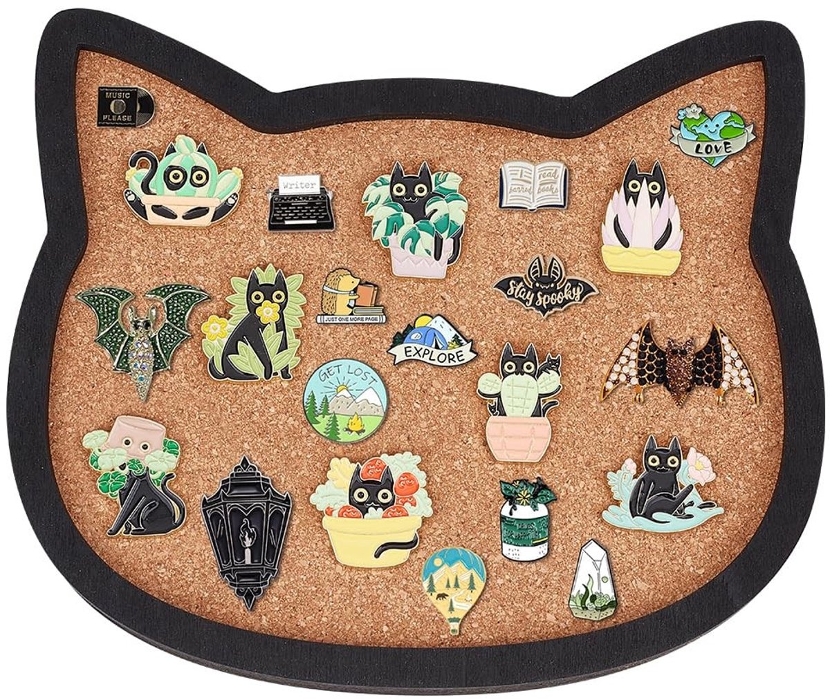 Dailygoods- Kattenprikbord 20 x 17 cm - Kurkbord - Wandgemonteerd - Zwart Frame - Broche Pin Opbergdisplay - Schokbestendig - Prikbord