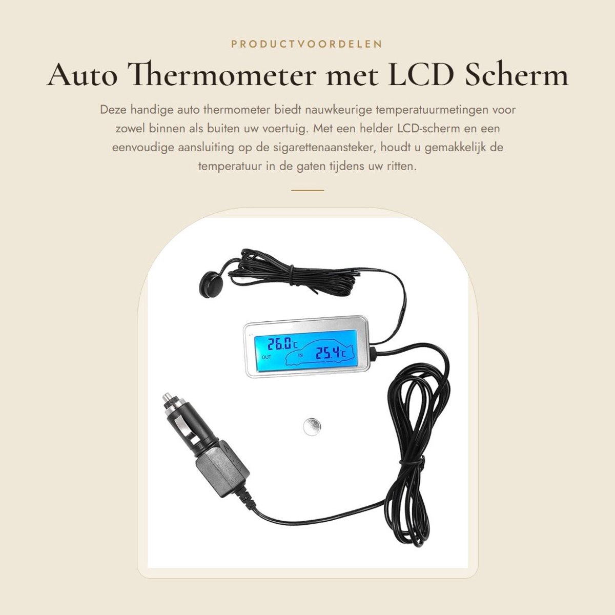 Dailygoods- Thermometer Hoge Nauwkeurigheid - Temperatuurmeter Binnen/Buiten - Auto Aansluiting - LCD Scherm - Kunststof - Langdurig Gebruik