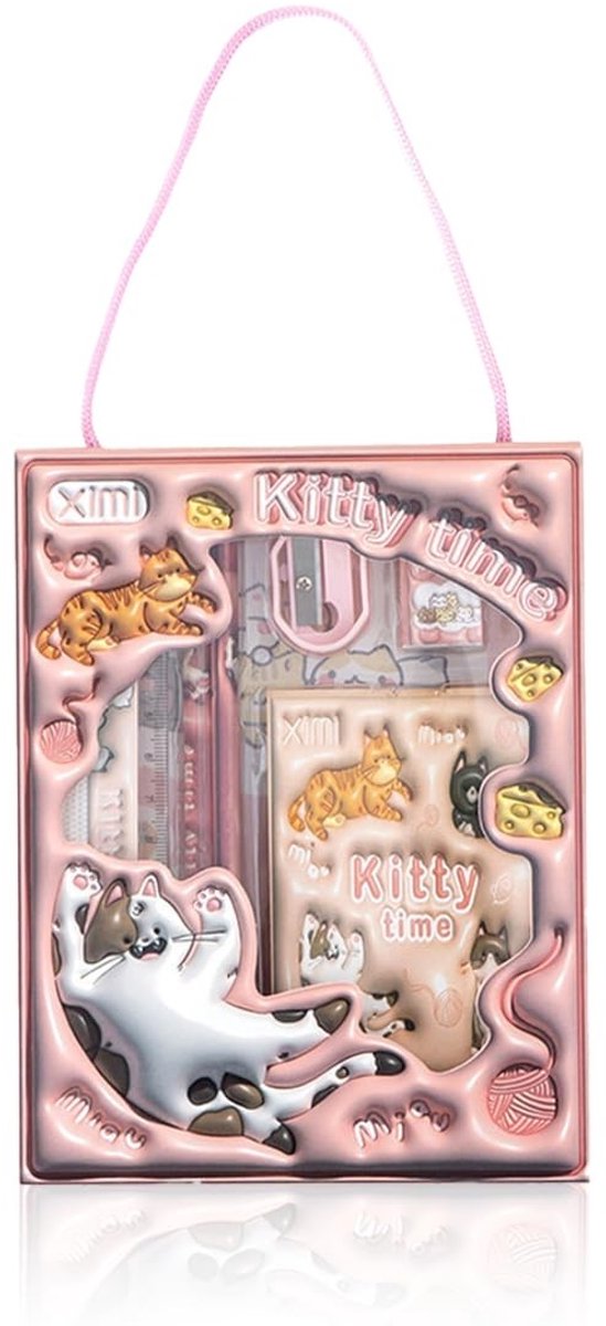 Dailygoods- Schrijfwaren Set 6-in-1 - Draagbare Kinderschrijfwaren - Notitieboek - Potlood/Gum - Liniaal/Puntenslijper - Cartoon-Design - Hoogwaardige Materialen - Schoolspullen