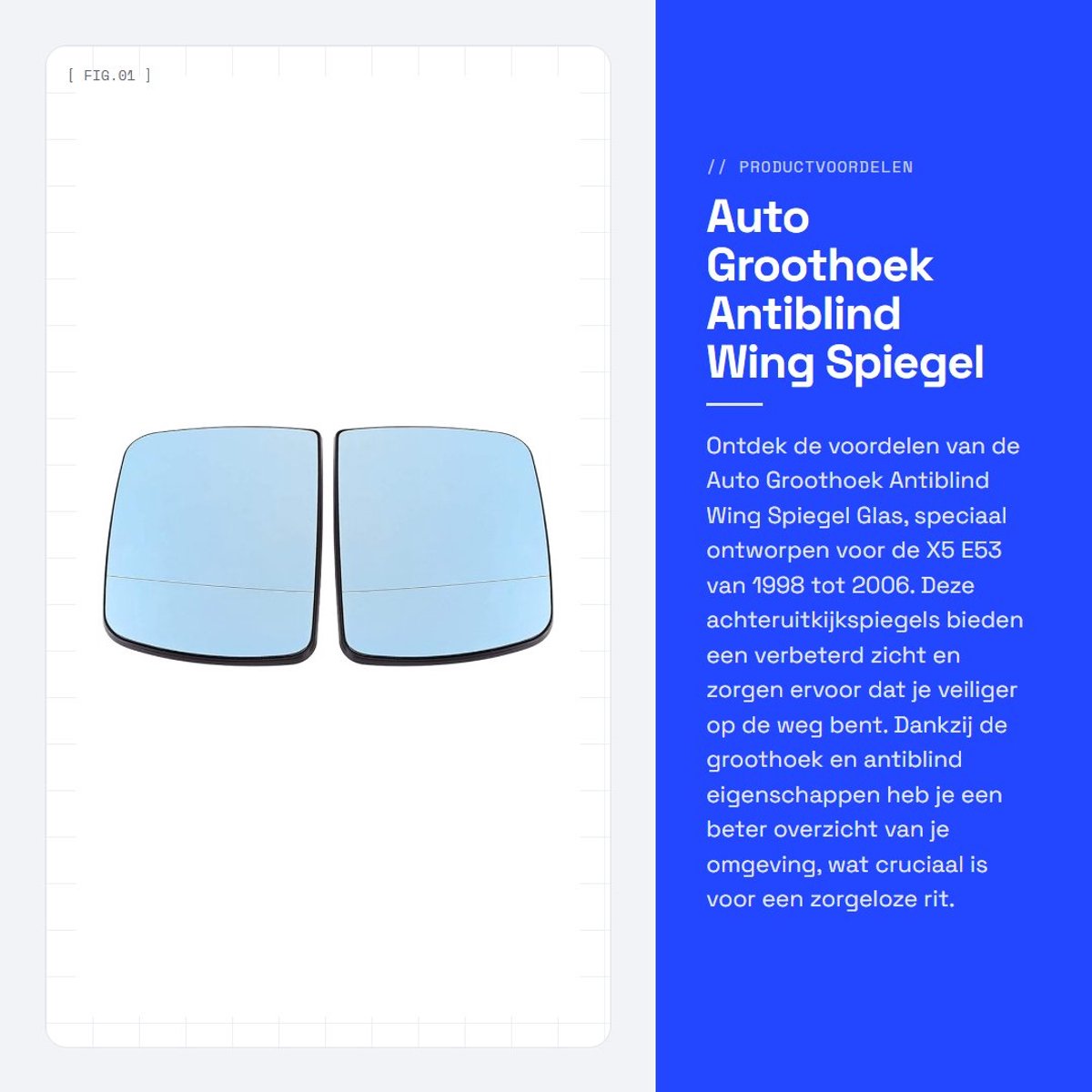 Dailygoods- Achteruitkijkspiegel Glas Groothoek - Anti-blind Eigenschap - 2 Stuks - Voor X5 E53 1998-2006 - Eenvoudig te Installeren - Blauw Glas - Spiegelglas