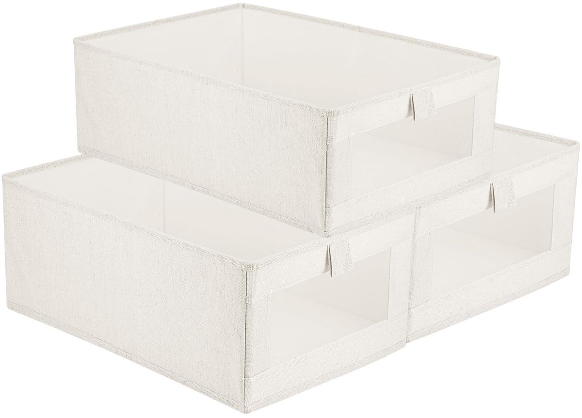 Dailygoods- Opbergdozen 3 Stuks - Opvouwbare Katoen-Linnen Dozen - Transparant Kijkvenster - Kledingorganizer - Kastorganizer - 40 x 27 x 17 cm - Opbergmand