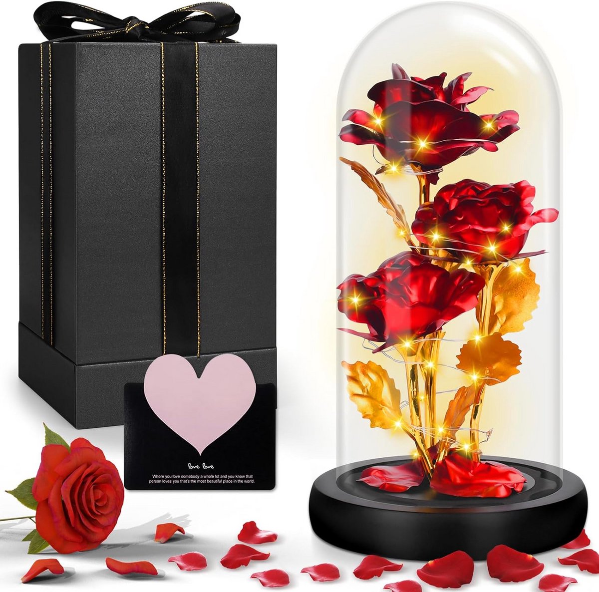 Eeuwige Roos Glas - Gedroogde Bloem Decoratie - Romantische Cadeau - Met LED Verlichting - 29.9 cm Hoog - Rood