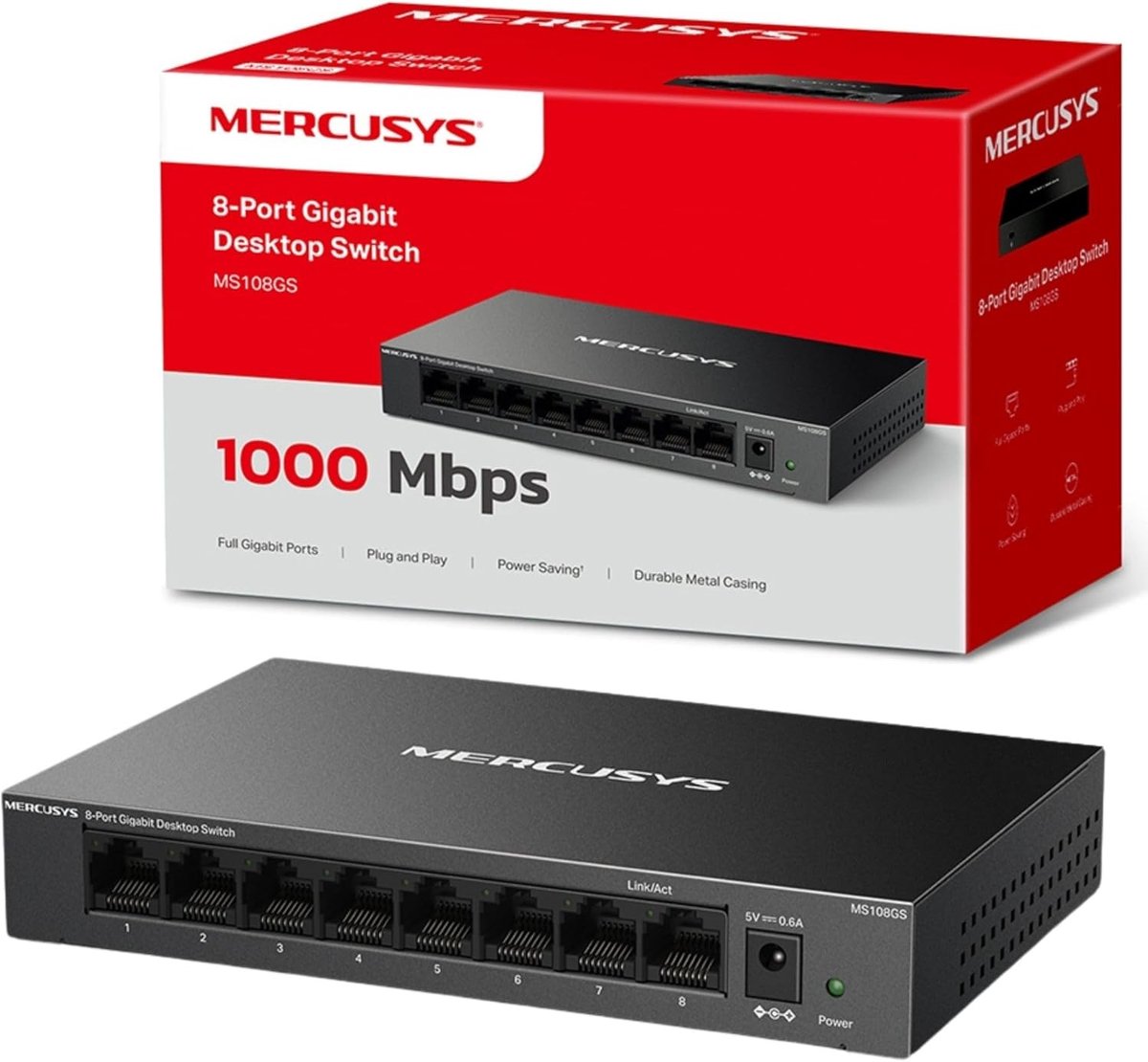 Netwerk Switch - Gigabit Hub - Netwerk Uitbreiden - 8 Volledige Gigabit Poorten - 15.8 x 9.9 cm - Zilver