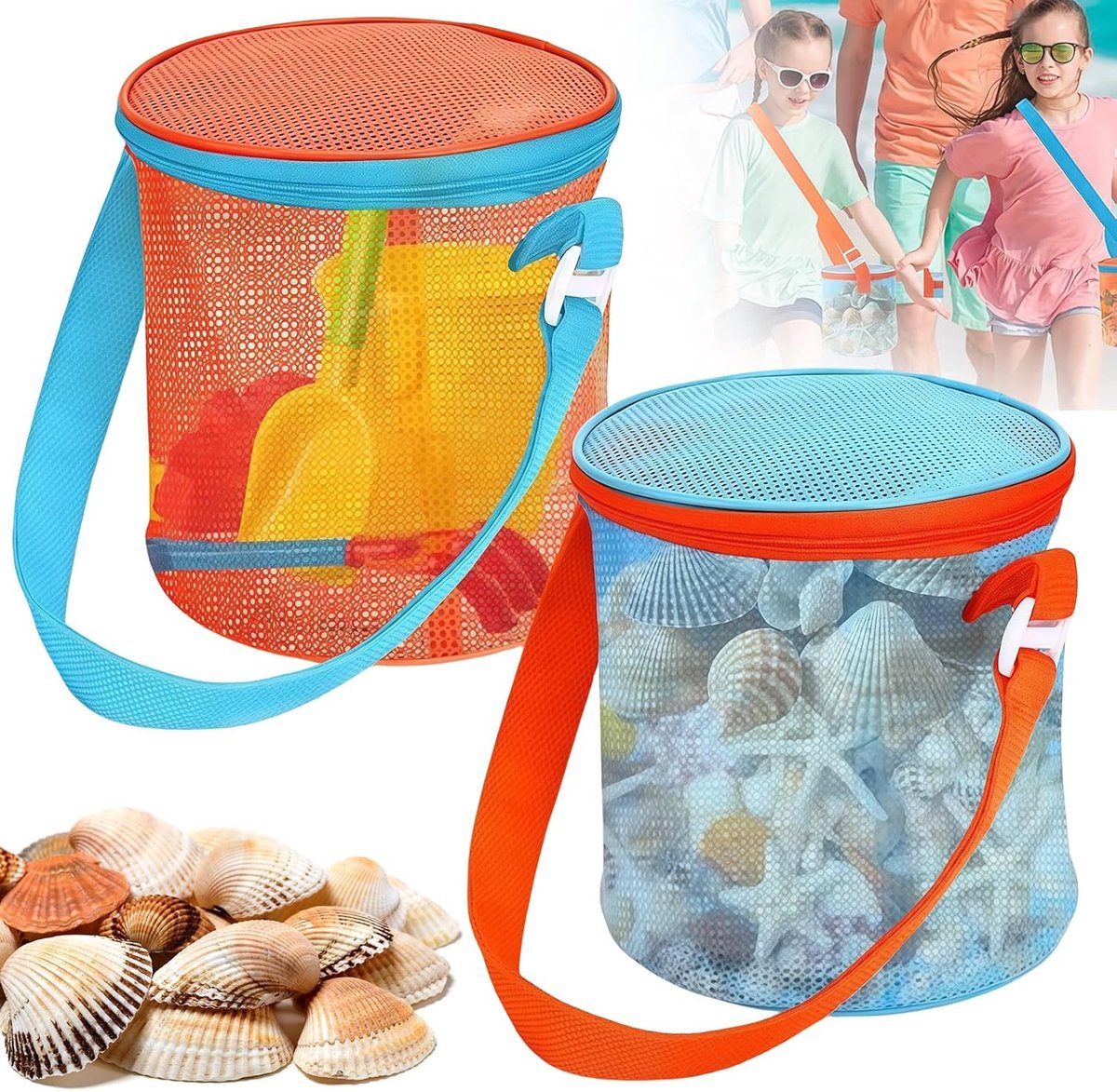 Dailygoods- Strandspel - Mesh Strandtas - Opbergzak voor Schelpen - Speelgoed - Verstelbare Schouderband - Snelle Droogtijd