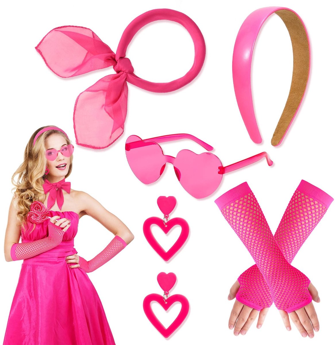 Dailygoods- Verkleedkostuum Accessoires Roze - Hoofdband/Sjaal - Hart Oorbellen/Zonnebril - Visnethandschoenen - Jaren 80 - Hoogwaardige Stof - Cosplay