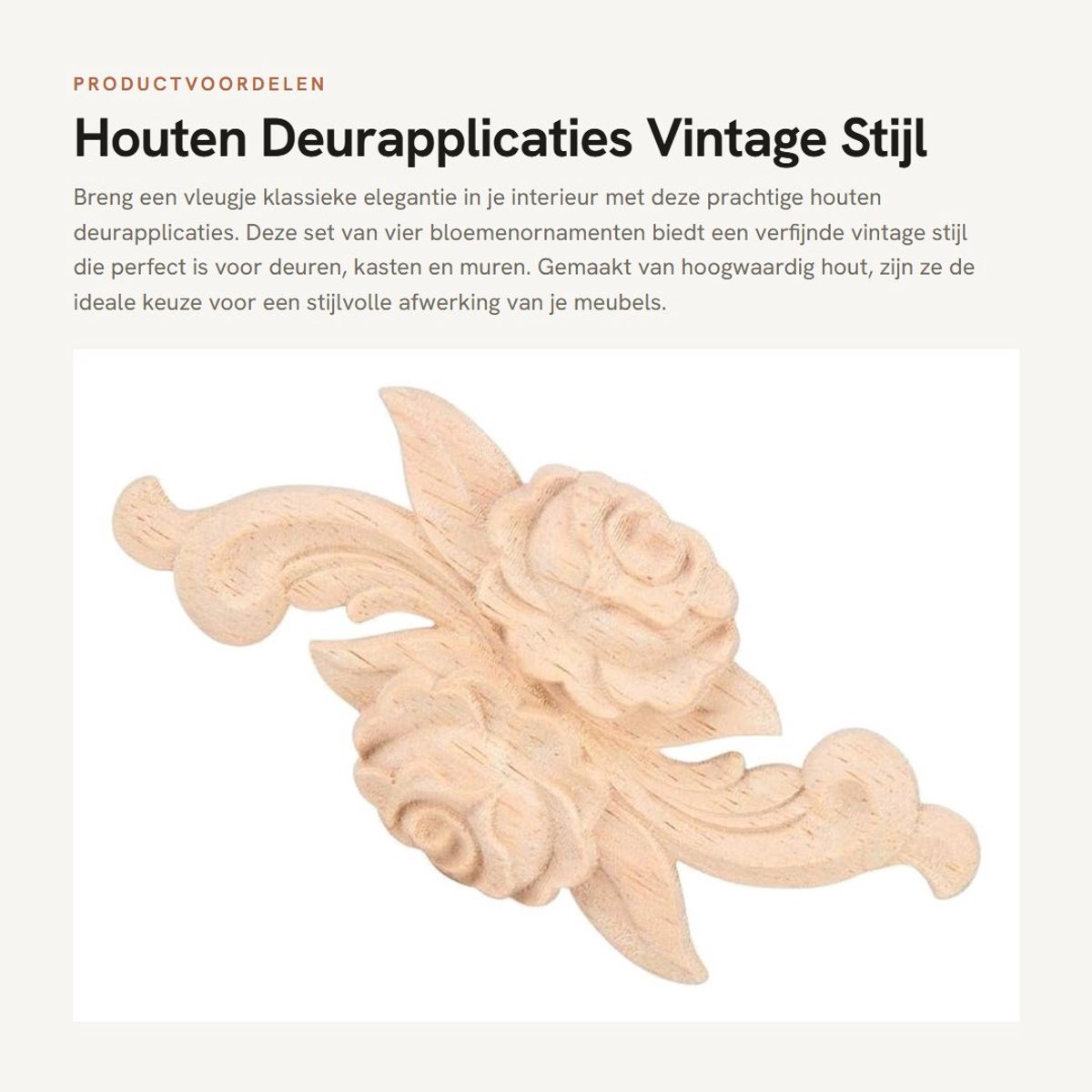 Dailygoods- Deurapplicaties 4 Stuks - Houten Bloemenpatroon - Vintage Stijl - Meubelapplicatie - Decoratie Muren/Kasten - Hoogwaardig Hout
